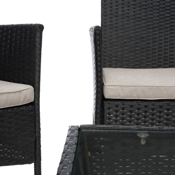 Safavieh ABDUL 4-Piece Outdoor Living Set with Stylish Woven Seats and Plush Cushions for Relaxing Comfort Black / Light Grey PAT7504E