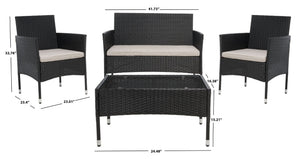 Safavieh ABDUL 4-Piece Outdoor Living Set with Stylish Woven Seats and Plush Cushions for Relaxing Comfort Black / Light Grey PAT7504E