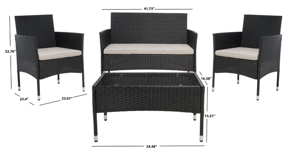 Safavieh ABDUL 4-Piece Outdoor Living Set with Stylish Woven Seats and Plush Cushions for Relaxing Comfort Black / Light Grey PAT7504E