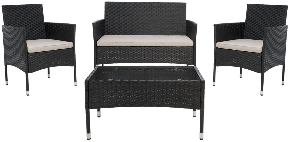 Safavieh ABDUL 4-Piece Outdoor Living Set with Stylish Woven Seats and Plush Cushions for Relaxing Comfort Black / Light Grey PAT7504E