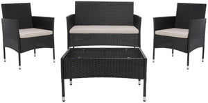 Safavieh ABDUL 4-Piece Outdoor Living Set with Stylish Woven Seats and Plush Cushions for Relaxing Comfort Black / Light Grey PAT7504E
