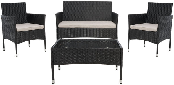 Safavieh ABDUL 4-Piece Outdoor Living Set with Stylish Woven Seats and Plush Cushions for Relaxing Comfort Black / Light Grey PAT7504E