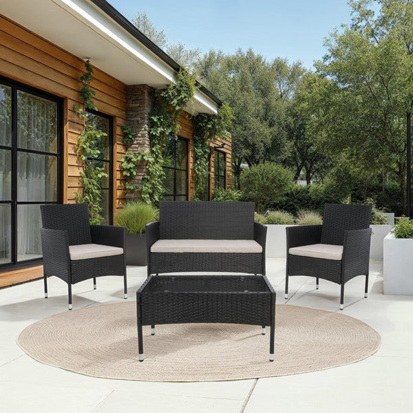 Safavieh ABDUL 4-Piece Outdoor Living Set with Stylish Woven Seats and Plush Cushions for Relaxing Comfort Black / Light Grey PAT7504E