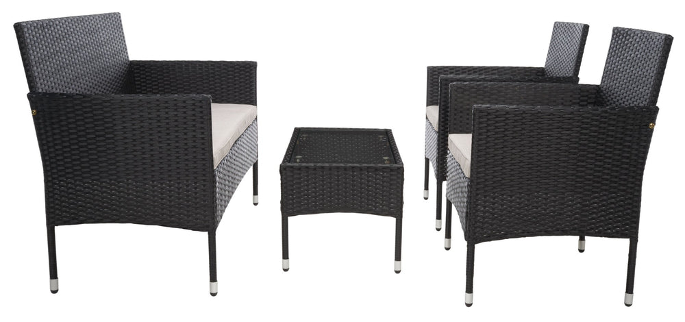 Safavieh ABDUL 4-Piece Outdoor Living Set with Stylish Woven Seats and Plush Cushions for Relaxing Comfort Black / Light Grey PAT7504E