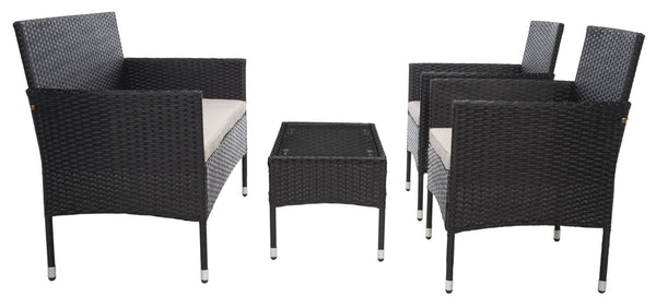 Safavieh ABDUL 4-Piece Outdoor Living Set with Stylish Woven Seats and Plush Cushions for Relaxing Comfort Black / Light Grey PAT7504E