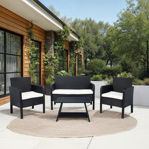 Safavieh ABOKA 4-Piece Outdoor Living Set for Stylish Patio Lounging, Durable Wicker Frame & Cushions Black / Beige PAT7505A