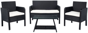 Safavieh ABOKA 4-Piece Outdoor Living Set for Stylish Patio Lounging, Durable Wicker Frame & Cushions Black / Beige PAT7505A
