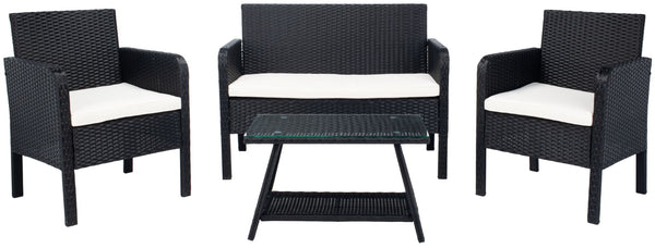 Safavieh ABOKA 4-Piece Outdoor Living Set for Stylish Patio Lounging, Durable Wicker Frame & Cushions Black / Beige PAT7505A