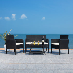 Safavieh ABOKA 4-Piece Outdoor Living Set for Stylish Patio Lounging, Durable Wicker Frame & Cushions Black / Beige PAT7505A