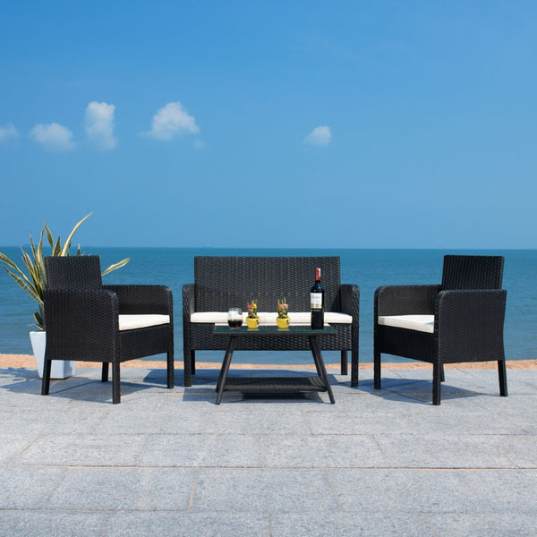 Safavieh ABOKA 4-Piece Outdoor Living Set for Stylish Patio Lounging, Durable Wicker Frame & Cushions Black / Beige PAT7505A