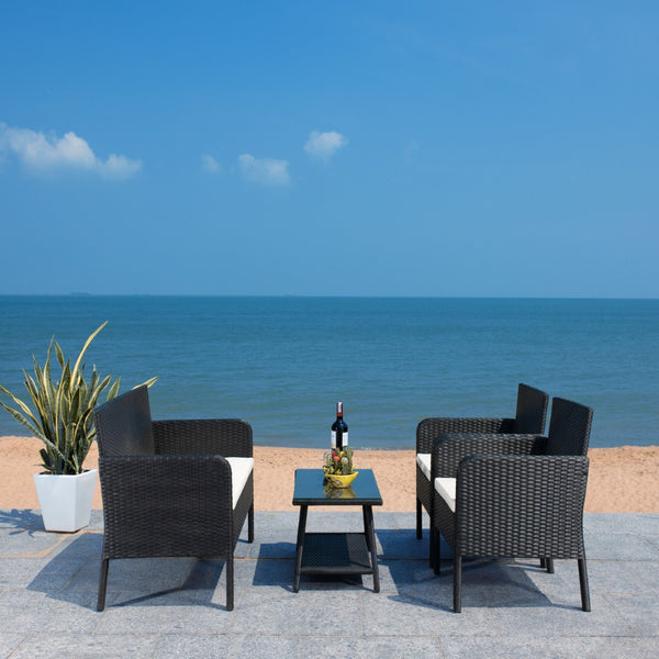 Safavieh ABOKA 4-Piece Outdoor Living Set for Stylish Patio Lounging, Durable Wicker Frame & Cushions Black / Beige PAT7505A