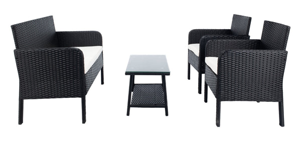 Safavieh ABOKA 4-Piece Outdoor Living Set for Stylish Patio Lounging, Durable Wicker Frame & Cushions Black / Beige PAT7505A