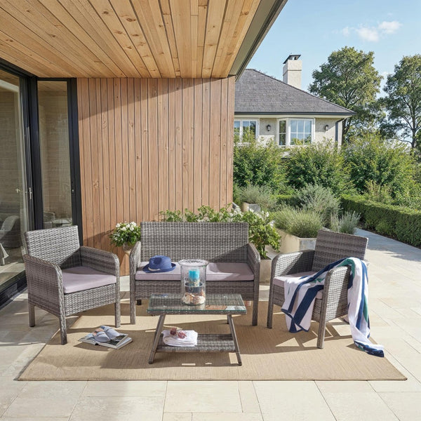Safavieh ABOKA 4-Piece Outdoor Living Set for Stylish Patio Lounging, Durable Wicker Frame & Cushions Grey / Grey PAT7505B