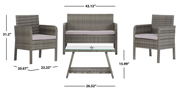 Safavieh ABOKA 4-Piece Outdoor Living Set for Stylish Patio Lounging, Durable Wicker Frame & Cushions Grey / Grey PAT7505B