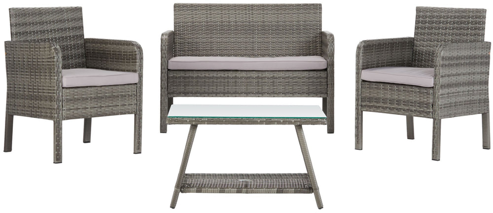Safavieh ABOKA 4-Piece Outdoor Living Set for Stylish Patio Lounging, Durable Wicker Frame & Cushions Grey / Grey PAT7505B