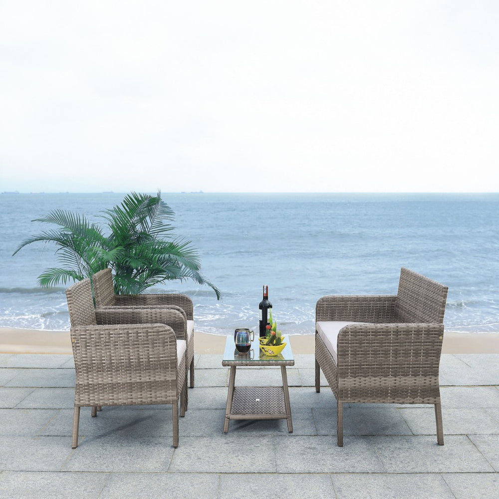 Safavieh ABOKA 4-Piece Outdoor Living Set for Stylish Patio Lounging, Durable Wicker Frame & Cushions Grey / Grey PAT7505B
