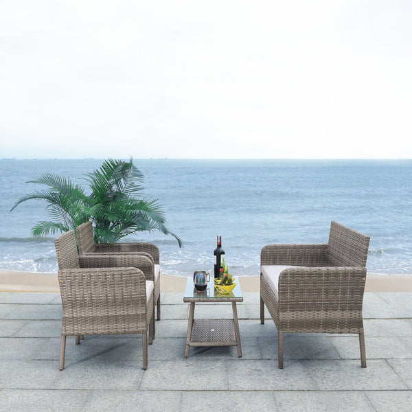 Safavieh ABOKA 4-Piece Outdoor Living Set for Stylish Patio Lounging, Durable Wicker Frame & Cushions Grey / Grey PAT7505B