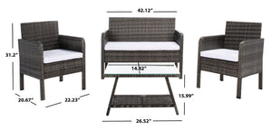 Safavieh ABOKA 4-Piece Outdoor Living Set for Stylish Patio Lounging, Durable Wicker Frame & Cushions Grey Brown / White PAT7505C
