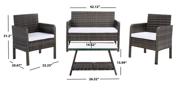 Safavieh ABOKA 4-Piece Outdoor Living Set for Stylish Patio Lounging, Durable Wicker Frame & Cushions Grey Brown / White PAT7505C