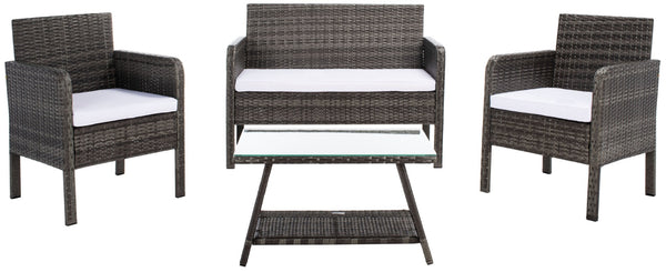 Safavieh ABOKA 4-Piece Outdoor Living Set for Stylish Patio Lounging, Durable Wicker Frame & Cushions Grey Brown / White PAT7505C
