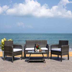Safavieh ABOKA 4-Piece Outdoor Living Set for Stylish Patio Lounging, Durable Wicker Frame & Cushions Grey Brown / White PAT7505C