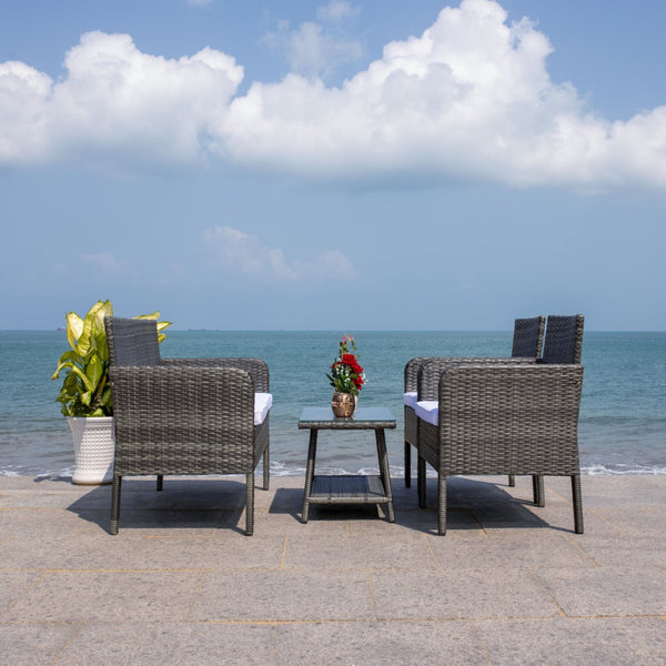 Safavieh ABOKA 4-Piece Outdoor Living Set for Stylish Patio Lounging, Durable Wicker Frame & Cushions Grey Brown / White PAT7505C