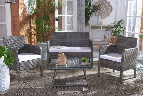 Safavieh ABOKA 4-Piece Outdoor Living Set for Stylish Patio Lounging, Durable Wicker Frame & Cushions Grey Brown / White PAT7505C