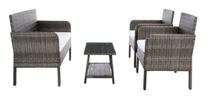 Safavieh ABOKA 4-Piece Outdoor Living Set for Stylish Patio Lounging, Durable Wicker Frame & Cushions Grey Brown / White PAT7505C