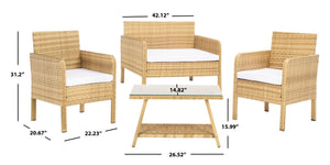 Safavieh ABOKA 4-Piece Outdoor Living Set for Stylish Patio Lounging, Durable Wicker Frame & Cushions Natural / White PAT7505D