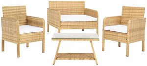 Safavieh ABOKA 4-Piece Outdoor Living Set for Stylish Patio Lounging, Durable Wicker Frame & Cushions Natural / White PAT7505D