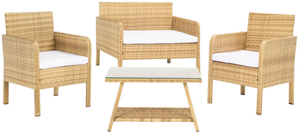 Safavieh ABOKA 4-Piece Outdoor Living Set for Stylish Patio Lounging, Durable Wicker Frame & Cushions Natural / White PAT7505D