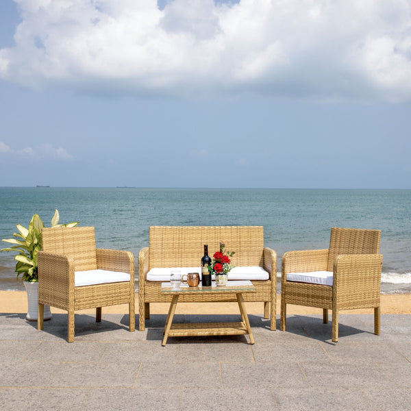 Safavieh ABOKA 4-Piece Outdoor Living Set for Stylish Patio Lounging, Durable Wicker Frame & Cushions Natural / White PAT7505D