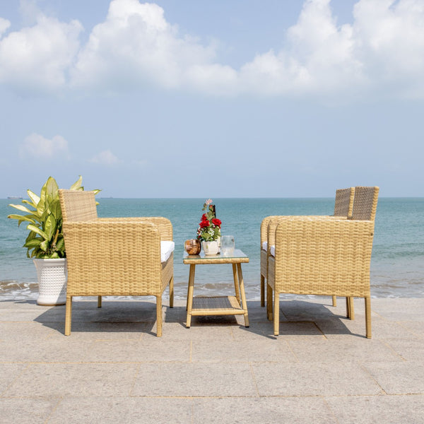 Safavieh ABOKA 4-Piece Outdoor Living Set for Stylish Patio Lounging, Durable Wicker Frame & Cushions Natural / White PAT7505D