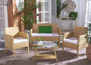 Safavieh ABOKA 4-Piece Outdoor Living Set for Stylish Patio Lounging, Durable Wicker Frame & Cushions Natural / White PAT7505D