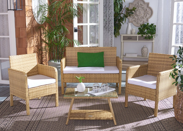 Safavieh ABOKA 4-Piece Outdoor Living Set for Stylish Patio Lounging, Durable Wicker Frame & Cushions Natural / White PAT7505D