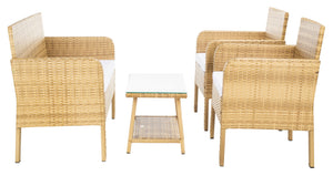 Safavieh ABOKA 4-Piece Outdoor Living Set for Stylish Patio Lounging, Durable Wicker Frame & Cushions Natural / White PAT7505D