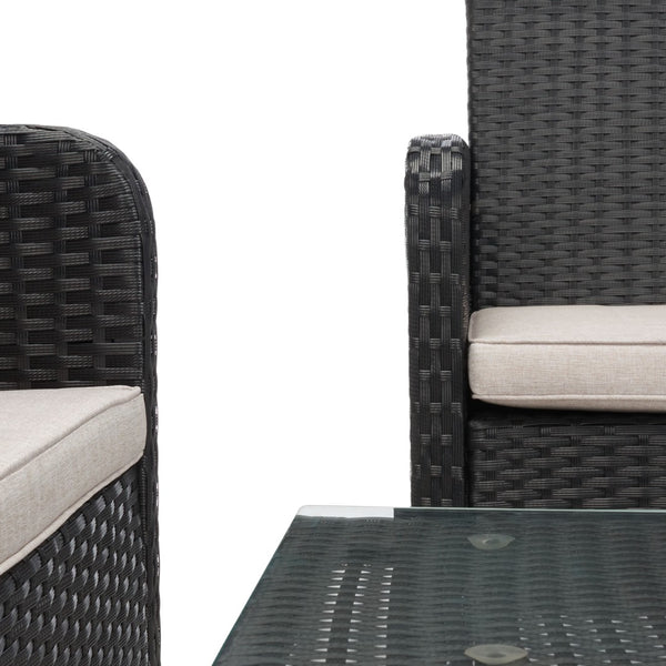 Safavieh ABOKA 4-Piece Outdoor Living Set for Stylish Patio Lounging, Durable Wicker Frame & Cushions Black / Light Grey PAT7505E