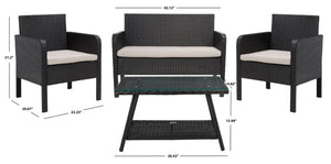 Safavieh ABOKA 4-Piece Outdoor Living Set for Stylish Patio Lounging, Durable Wicker Frame & Cushions Black / Light Grey PAT7505E