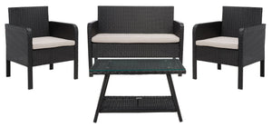Safavieh ABOKA 4-Piece Outdoor Living Set for Stylish Patio Lounging, Durable Wicker Frame & Cushions Black / Light Grey PAT7505E