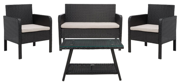 Safavieh ABOKA 4-Piece Outdoor Living Set for Stylish Patio Lounging, Durable Wicker Frame & Cushions Black / Light Grey PAT7505E
