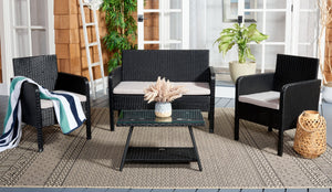 Safavieh ABOKA 4-Piece Outdoor Living Set for Stylish Patio Lounging, Durable Wicker Frame & Cushions Black / Light Grey PAT7505E