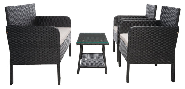 Safavieh ABOKA 4-Piece Outdoor Living Set for Stylish Patio Lounging, Durable Wicker Frame & Cushions Black / Light Grey PAT7505E