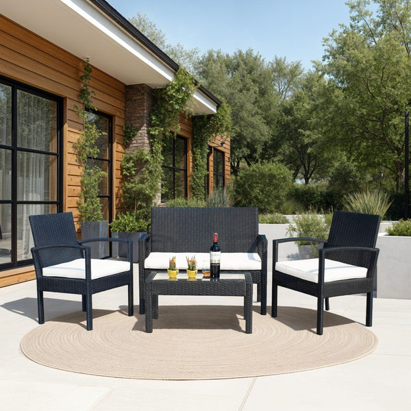 Safavieh BASSEY 4-Piece Outdoor Living Set - Tropical Resort Style with Durable Wicker Frames & Cushions Black / Beige PAT7507A