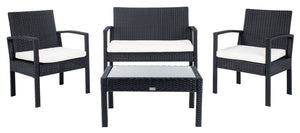 Safavieh BASSEY 4-Piece Outdoor Living Set - Tropical Resort Style with Durable Wicker Frames & Cushions Black / Beige PAT7507A