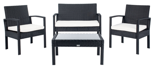 Safavieh BASSEY 4-Piece Outdoor Living Set - Tropical Resort Style with Durable Wicker Frames & Cushions Black / Beige PAT7507A