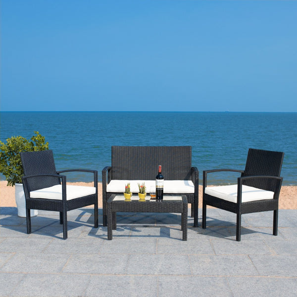 Safavieh BASSEY 4-Piece Outdoor Living Set - Tropical Resort Style with Durable Wicker Frames & Cushions Black / Beige PAT7507A