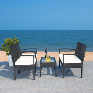 Safavieh BASSEY 4-Piece Outdoor Living Set - Tropical Resort Style with Durable Wicker Frames & Cushions Black / Beige PAT7507A