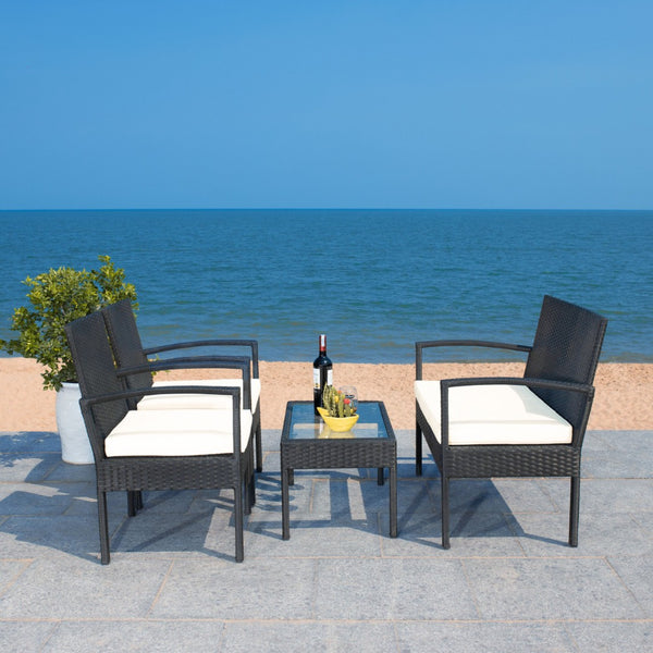 Safavieh BASSEY 4-Piece Outdoor Living Set - Tropical Resort Style with Durable Wicker Frames & Cushions Black / Beige PAT7507A