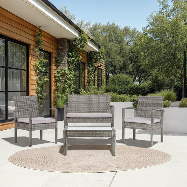 Safavieh BASSEY 4-Piece Outdoor Living Set - Tropical Resort Style with Durable Wicker Frames & Cushions Grey / Grey PAT7507B
