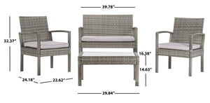 Safavieh BASSEY 4-Piece Outdoor Living Set - Tropical Resort Style with Durable Wicker Frames & Cushions Grey / Grey PAT7507B
